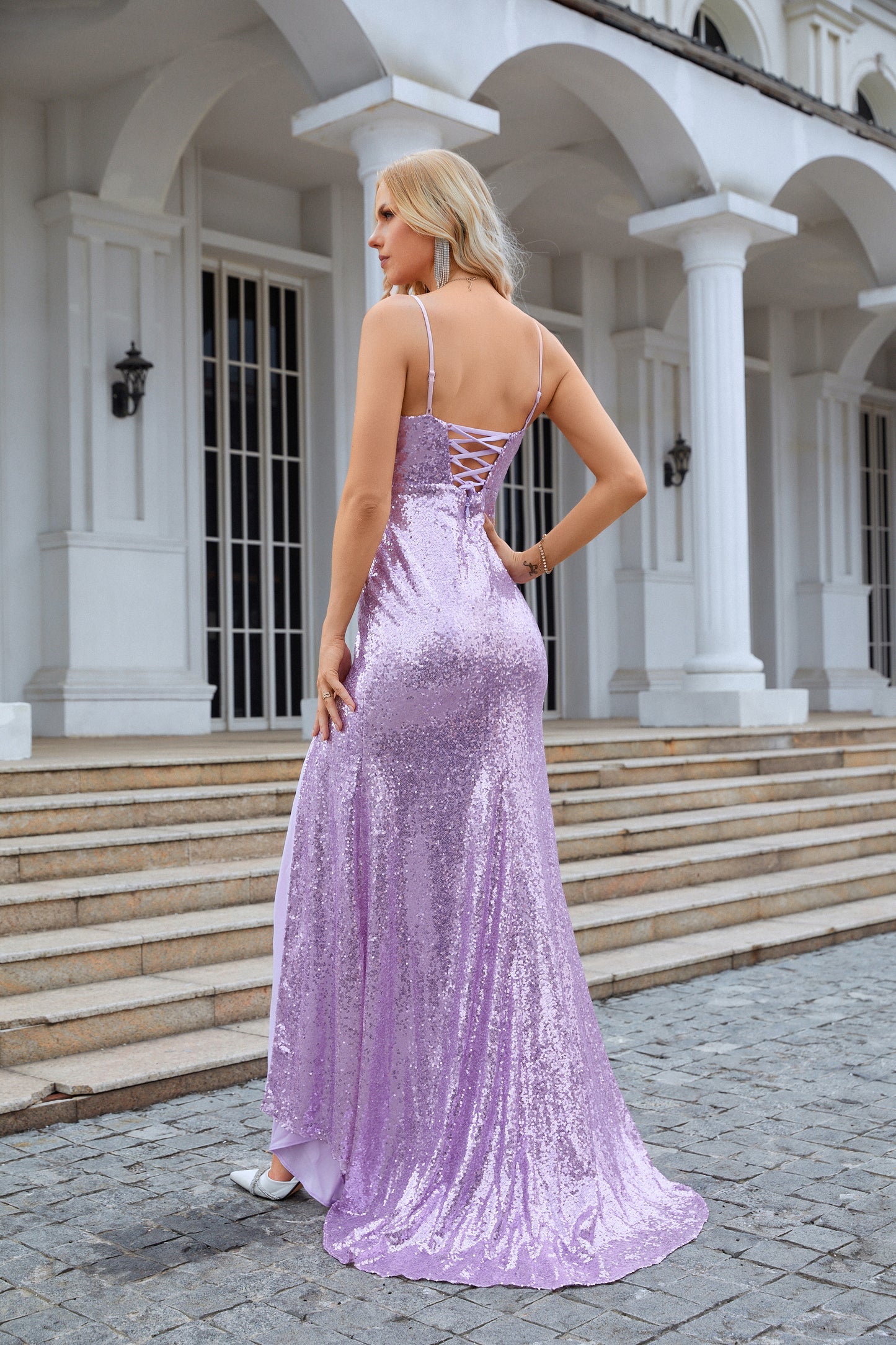 Vestidos de dama de honor largos con tirantes finos y lentejuelas de sirena para fiesta de graduación, boda, noche, 28083 