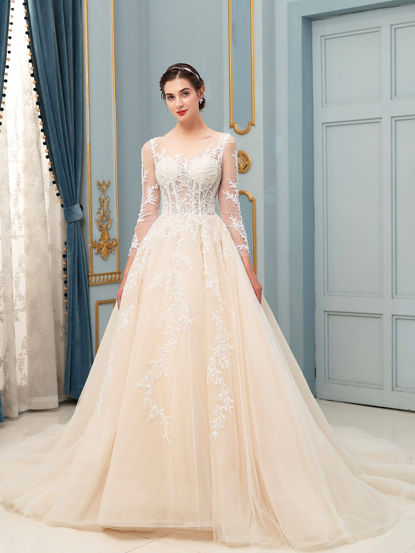 NumberSea - A - line Tulle Lace Applique Wedding Dresses Beaded Luxurious Floor Length Long Sleeve