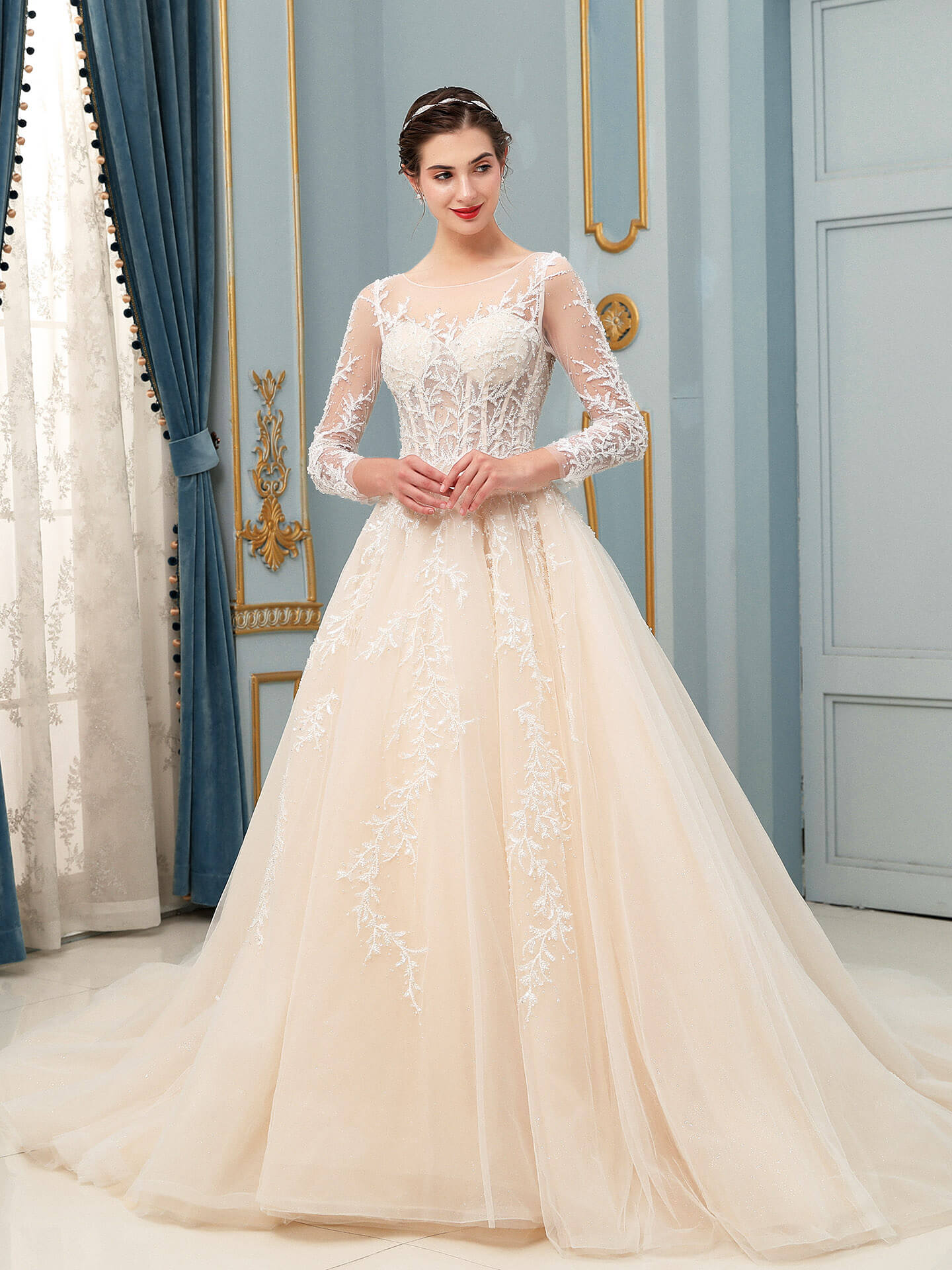 NumberSea - A - line Tulle Lace Applique Wedding Dresses Beaded Luxurious Floor Length Long Sleeve