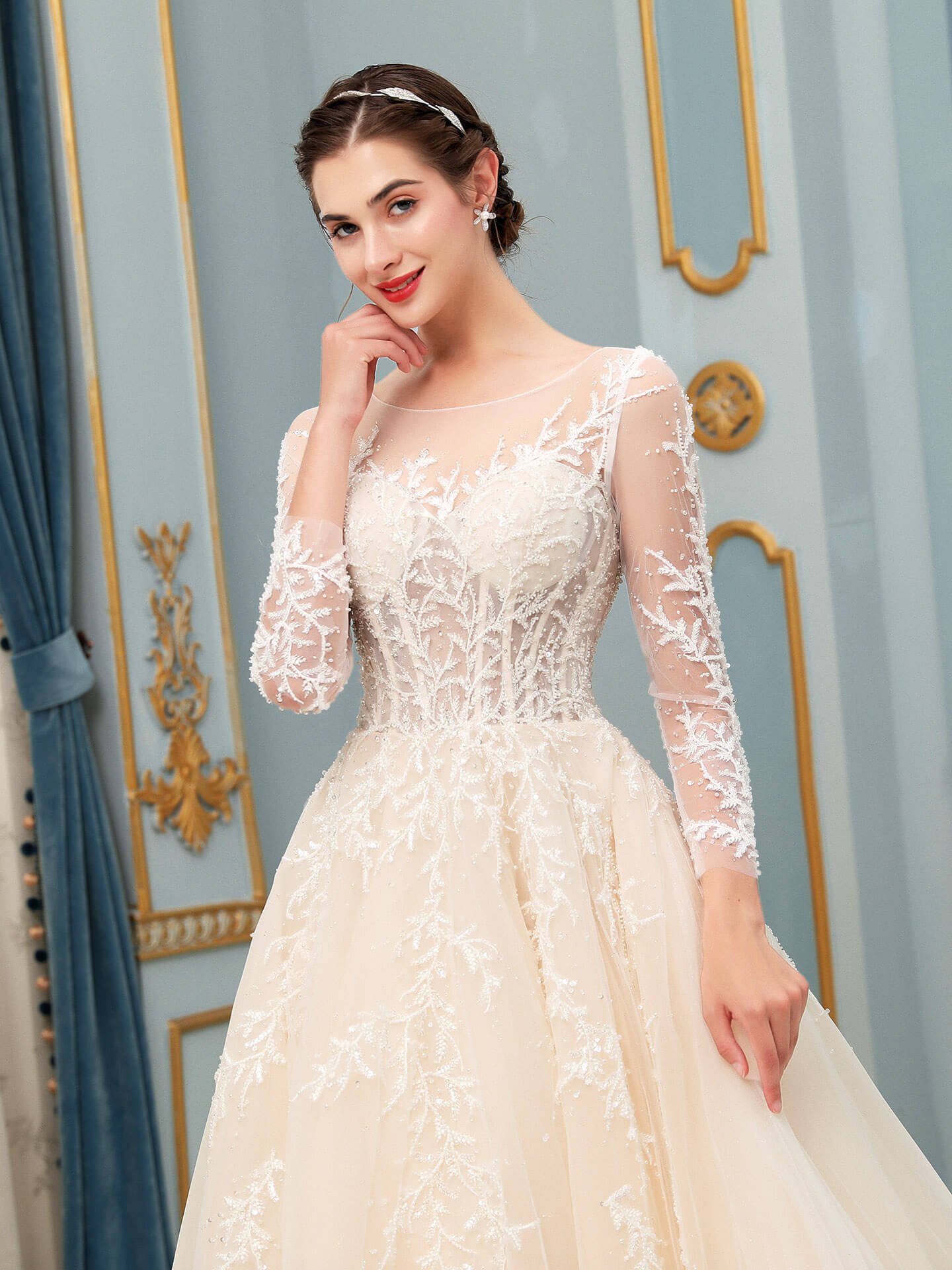 NumberSea - A - line Tulle Lace Applique Wedding Dresses Beaded Luxurious Floor Length Long Sleeve