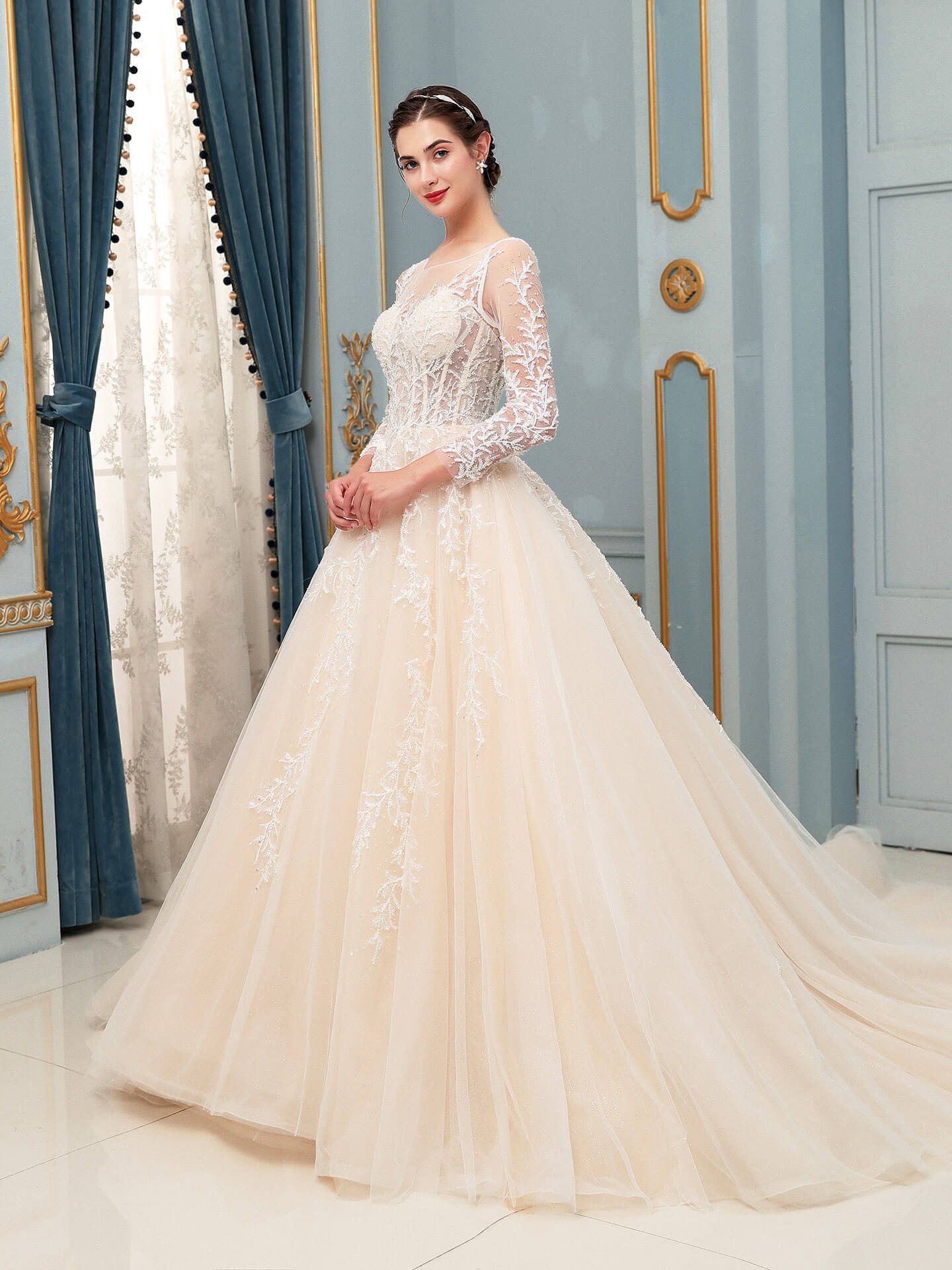 NumberSea - A - line Tulle Lace Applique Wedding Dresses Beaded Luxurious Floor Length Long Sleeve