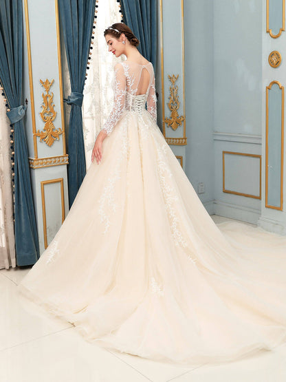 NumberSea - A - line Tulle Lace Applique Wedding Dresses Beaded Luxurious Floor Length Long Sleeve