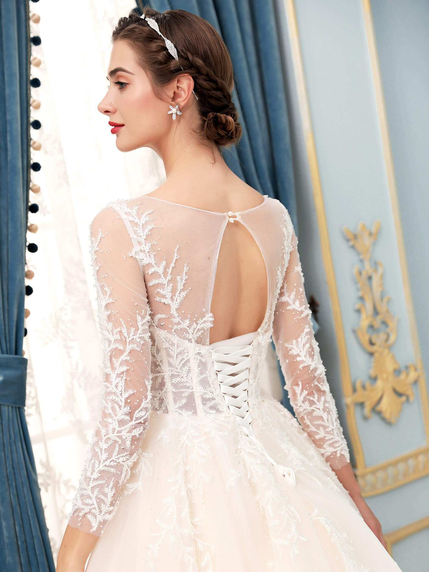 NumberSea - A - line Tulle Lace Applique Wedding Dresses Beaded Luxurious Floor Length Long Sleeve