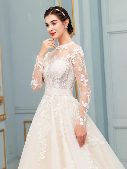 A-line Tulle Lace Applique Wedding Dresses Beaded Luxurious Floor Length Long Sleeve