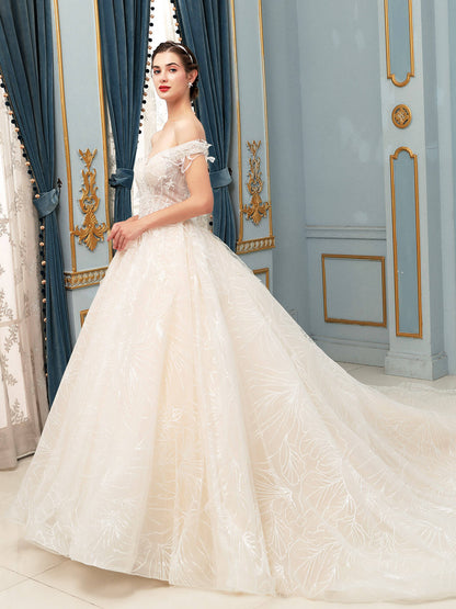 NumberSea - Ball Gown Wedding Dresses Beaded Luxurious Off Shoulder Floor Length Short Sleeve