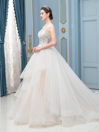 A-line Tulle Beaded V-neck Wedding Dresses Sleeveless Floor Length