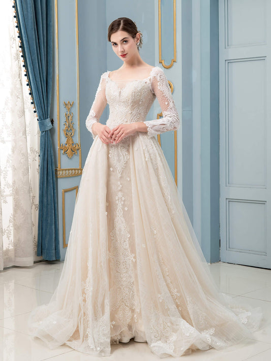 NumberSea - A - line / Mermaid Lace Beaded V - neck Wedding Dresses Long Sleeve Floor Length