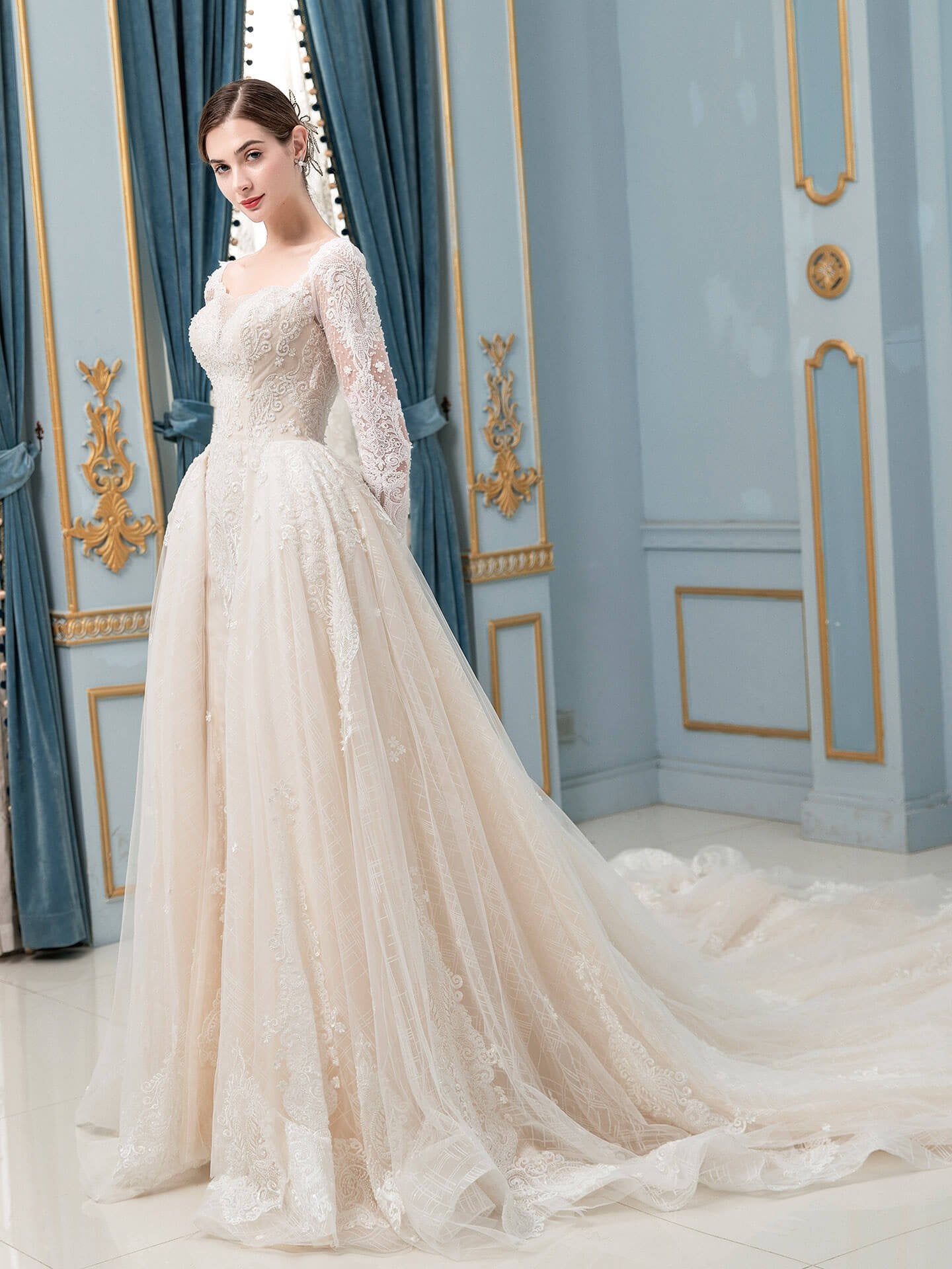 NumberSea - A - line / Mermaid Lace Beaded V - neck Wedding Dresses Long Sleeve Floor Length