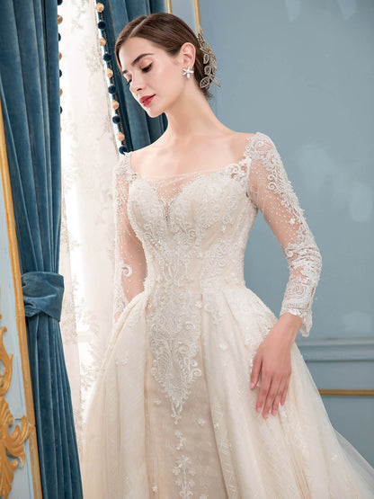 NumberSea - A - line / Mermaid Lace Beaded V - neck Wedding Dresses Long Sleeve Floor Length