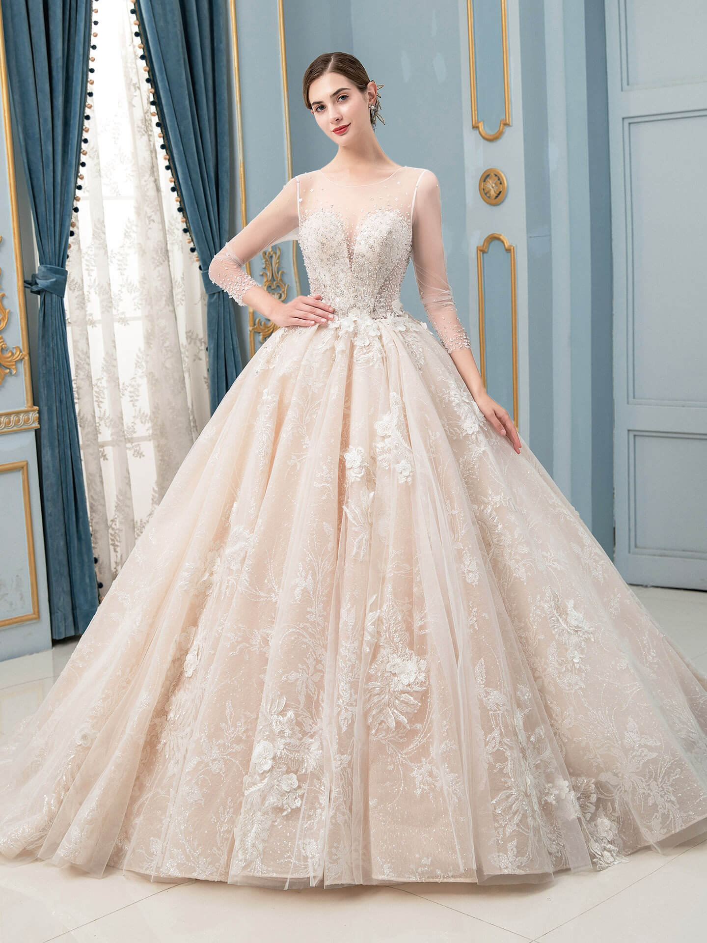 NumberSea - Ball Gown Wedding Dresses Beaded Luxurious Floor Length Long Sleeve