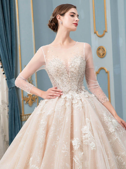 NumberSea - Ball Gown Wedding Dresses Beaded Luxurious Floor Length Long Sleeve