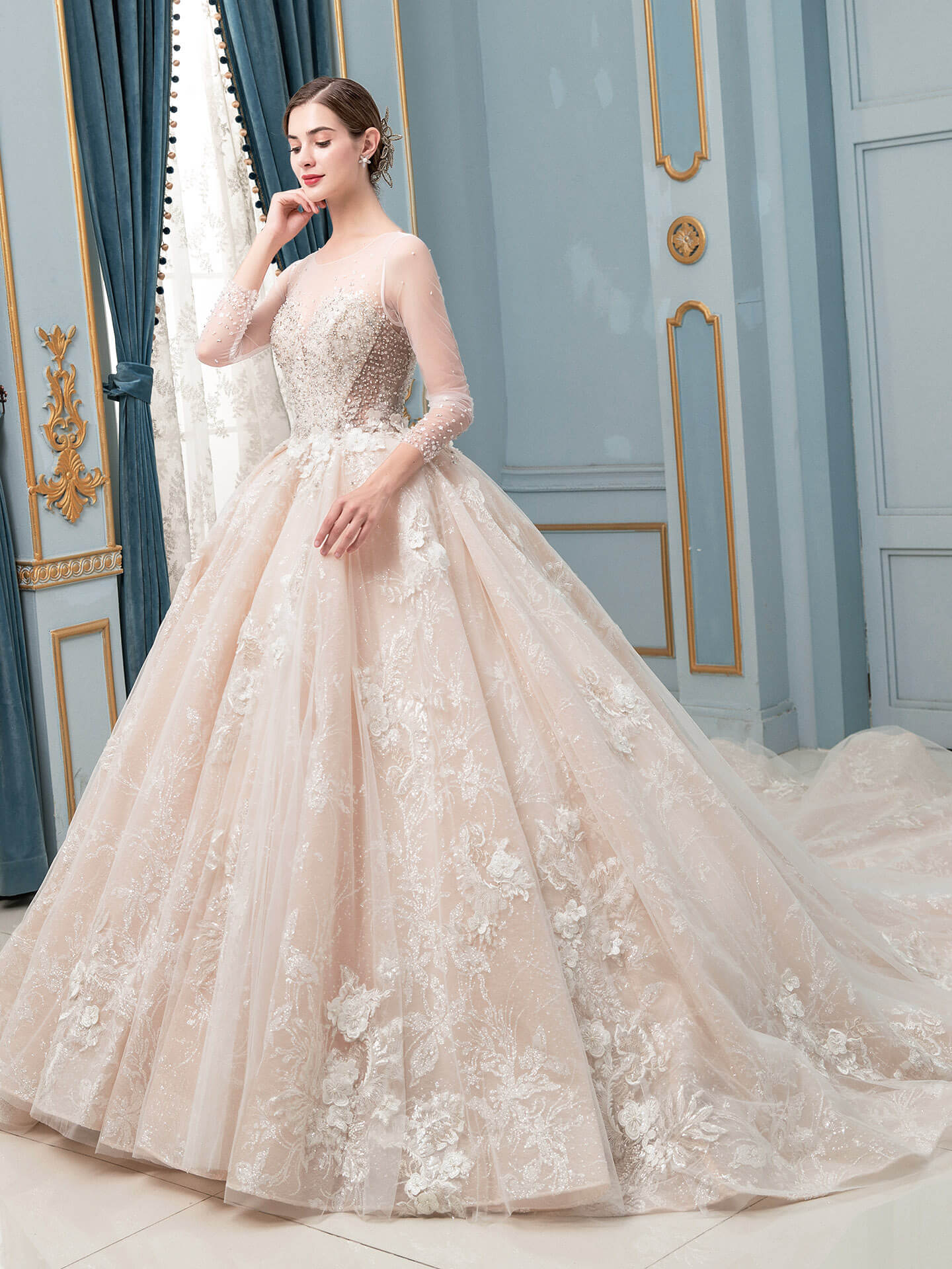 NumberSea - Ball Gown Wedding Dresses Beaded Luxurious Floor Length Long Sleeve