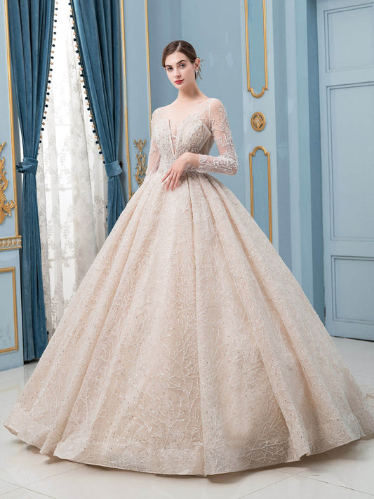 Ball Gown Wedding Dresses Beaded Luxurious Floor Length Long Sleeve