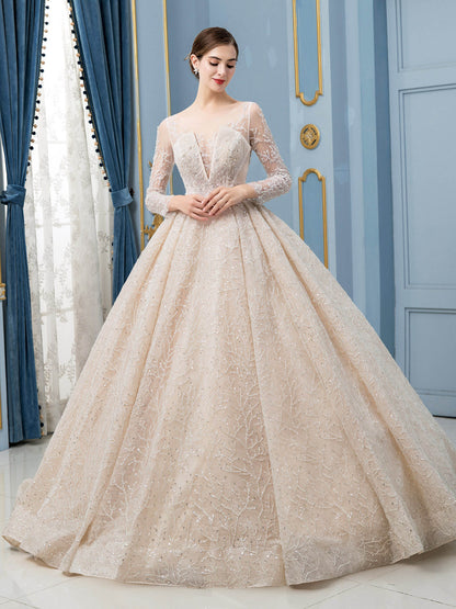 Ball Gown Wedding Dresses Beaded Luxurious Floor Length Long Sleeve