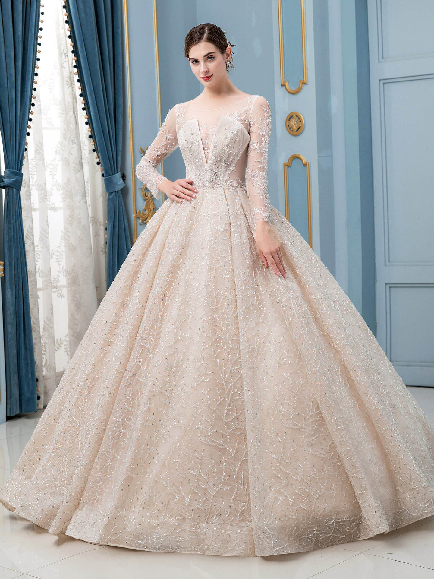 Ball Gown Wedding Dresses Beaded Luxurious Floor Length Long Sleeve