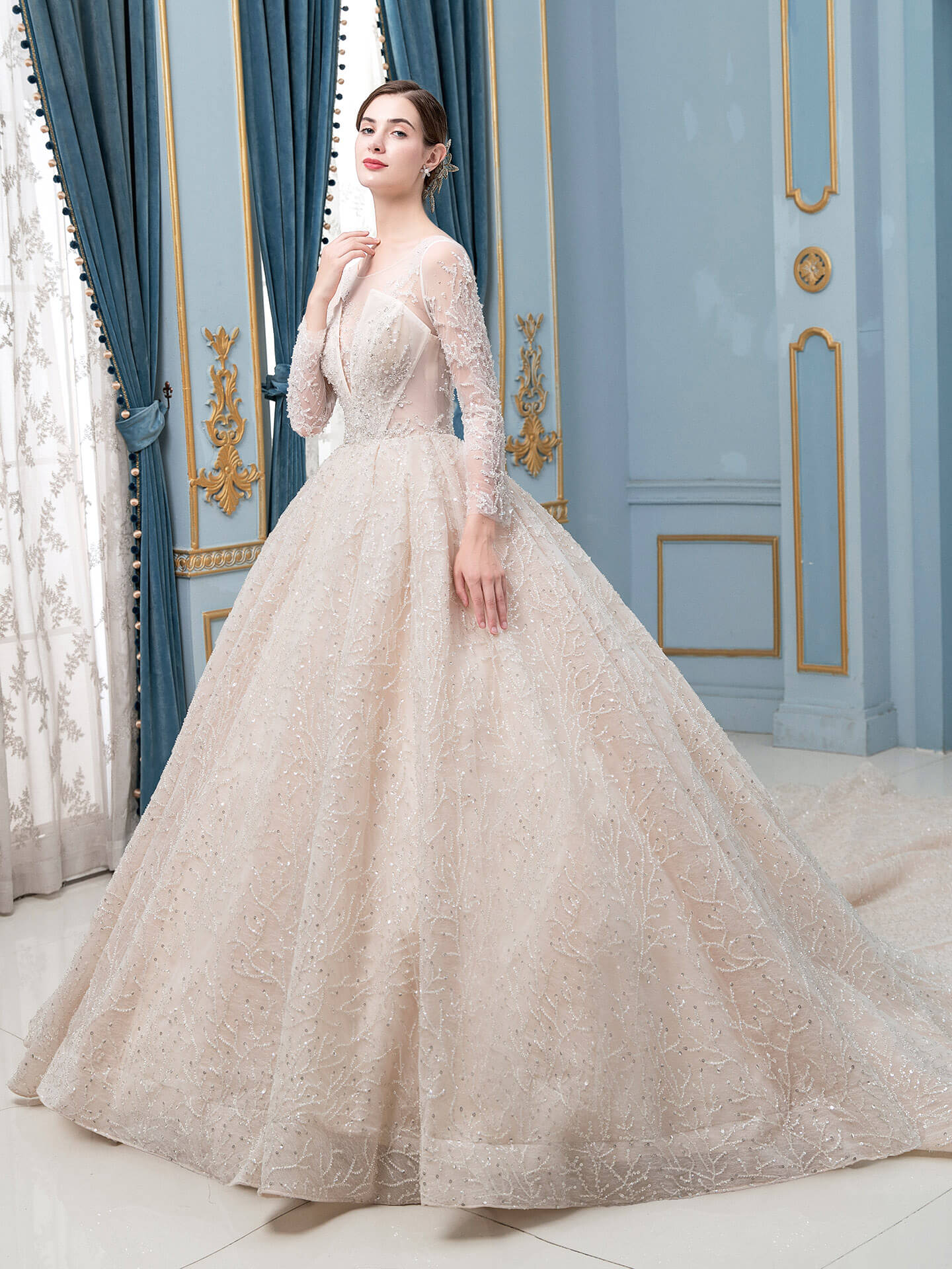 Ball Gown Wedding Dresses Beaded Luxurious Floor Length Long Sleeve