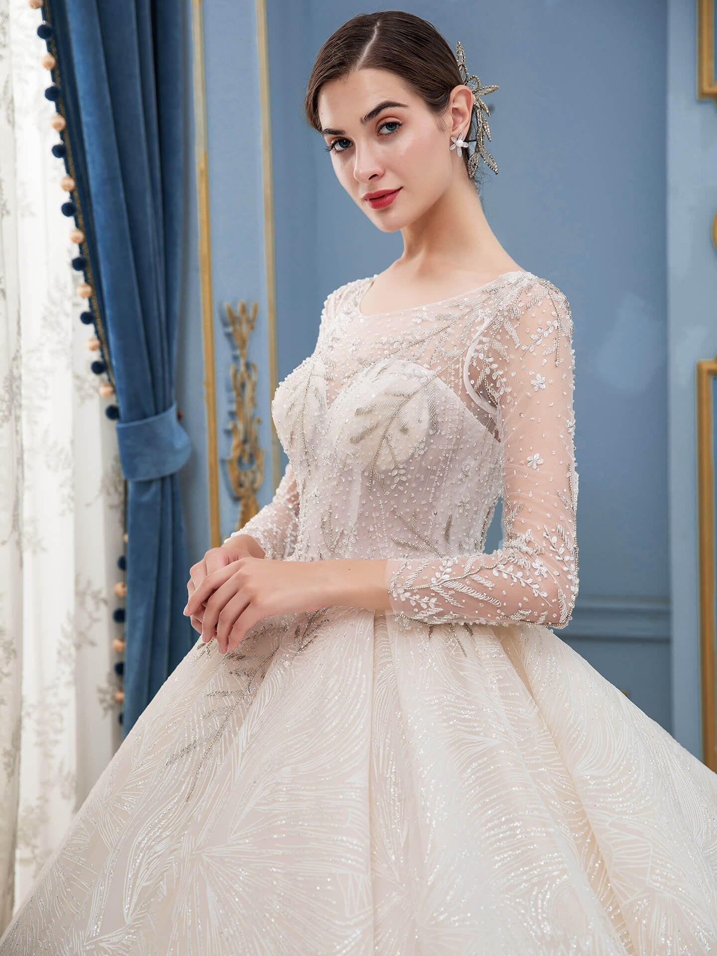 NumberSea - Ball Gown Wedding Dresses Beaded Luxurious Floor Length Long Sleeve