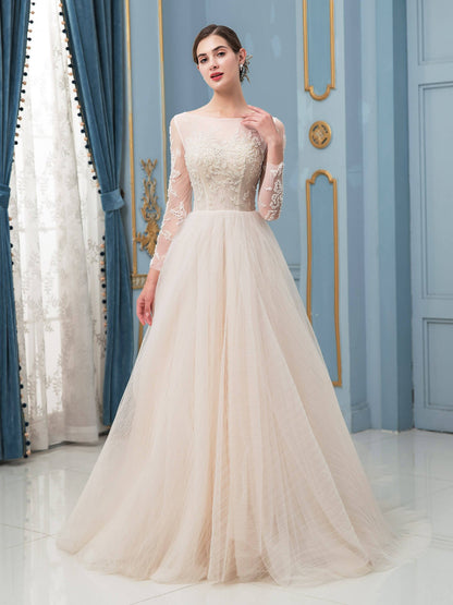 NumberSea - A - line Tulle Beaded Wedding Dresses Long Sleeve Floor Length With Long Train