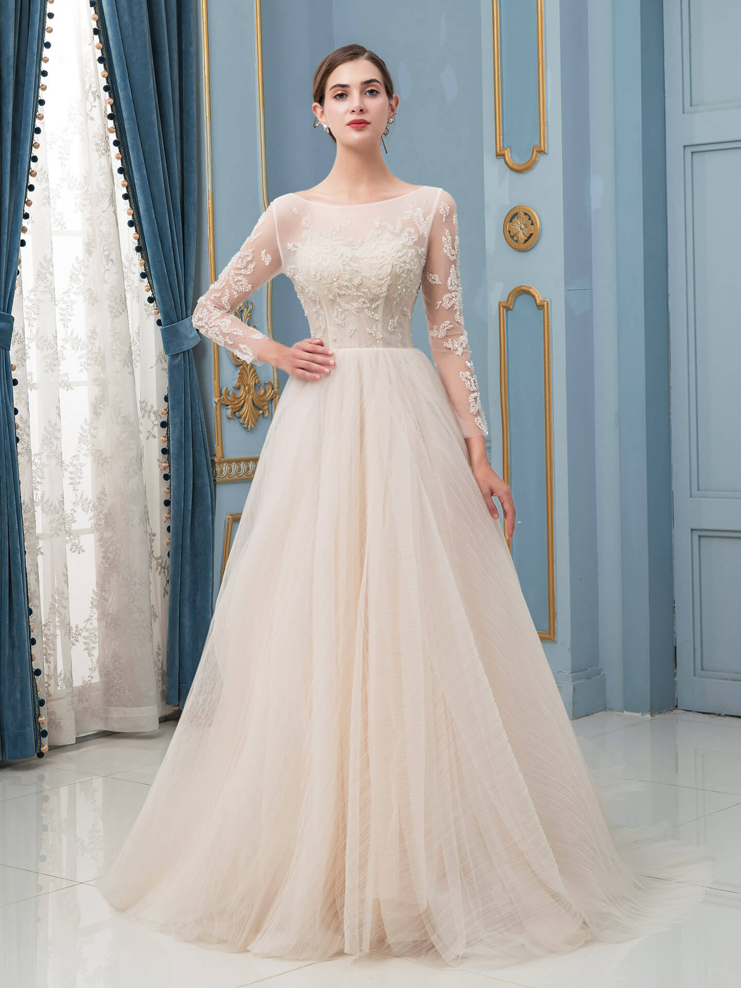 A-line Tulle Beaded Wedding Dresses Long Sleeve Floor Length With Long Train