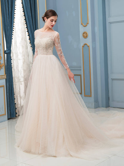 A-line Tulle Beaded Wedding Dresses Long Sleeve Floor Length With Long Train