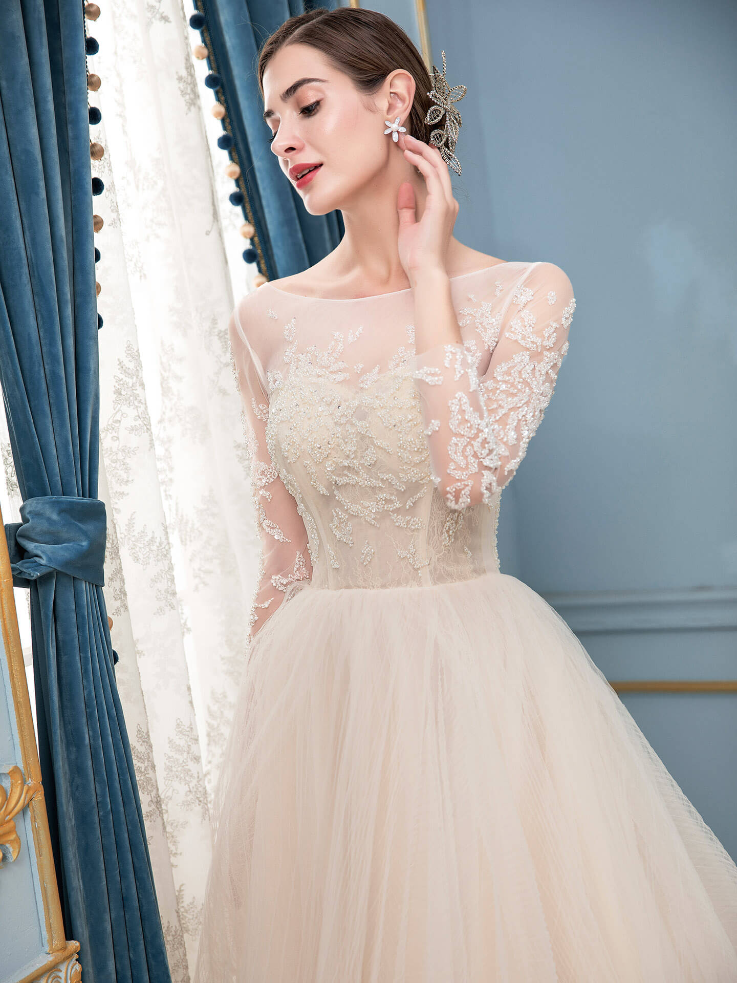 A-line Tulle Beaded Wedding Dresses Long Sleeve Floor Length With Long Train