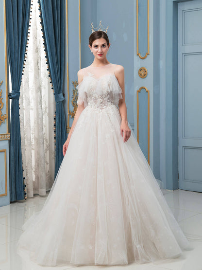 NumberSea - A - line Tulle Beaded Wedding Dresses Sleeveless Floor Length With Long Train