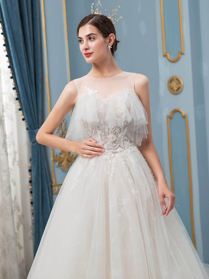 NumberSea - A - line Tulle Beaded Wedding Dresses Sleeveless Floor Length With Long Train