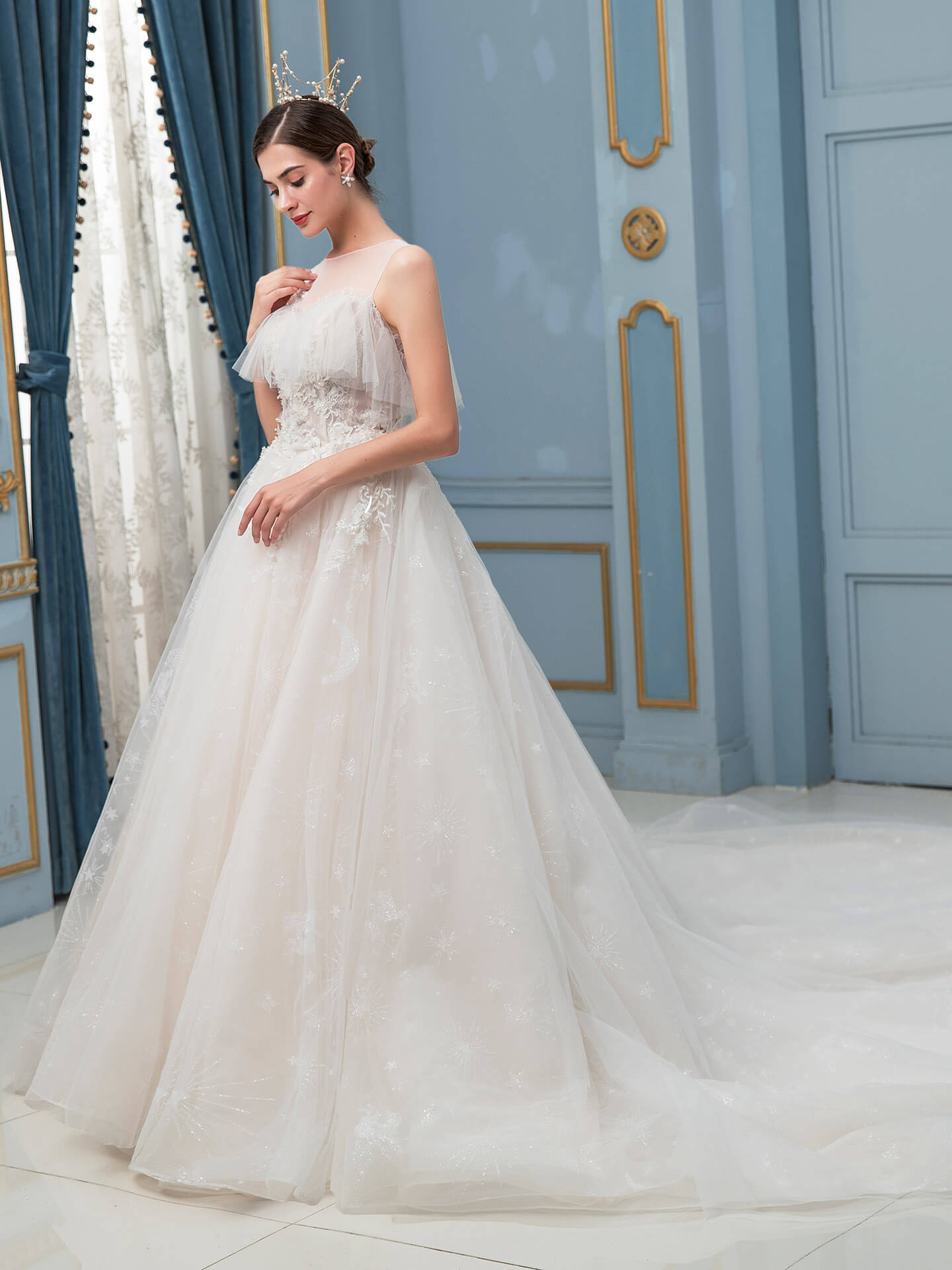 NumberSea - A - line Tulle Beaded Wedding Dresses Sleeveless Floor Length With Long Train