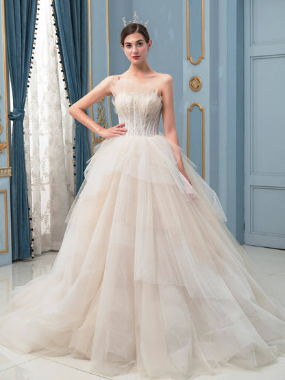 NumberSea - A - line Tulle Beaded Wedding Dresses Sleeveless Floor Length With Train