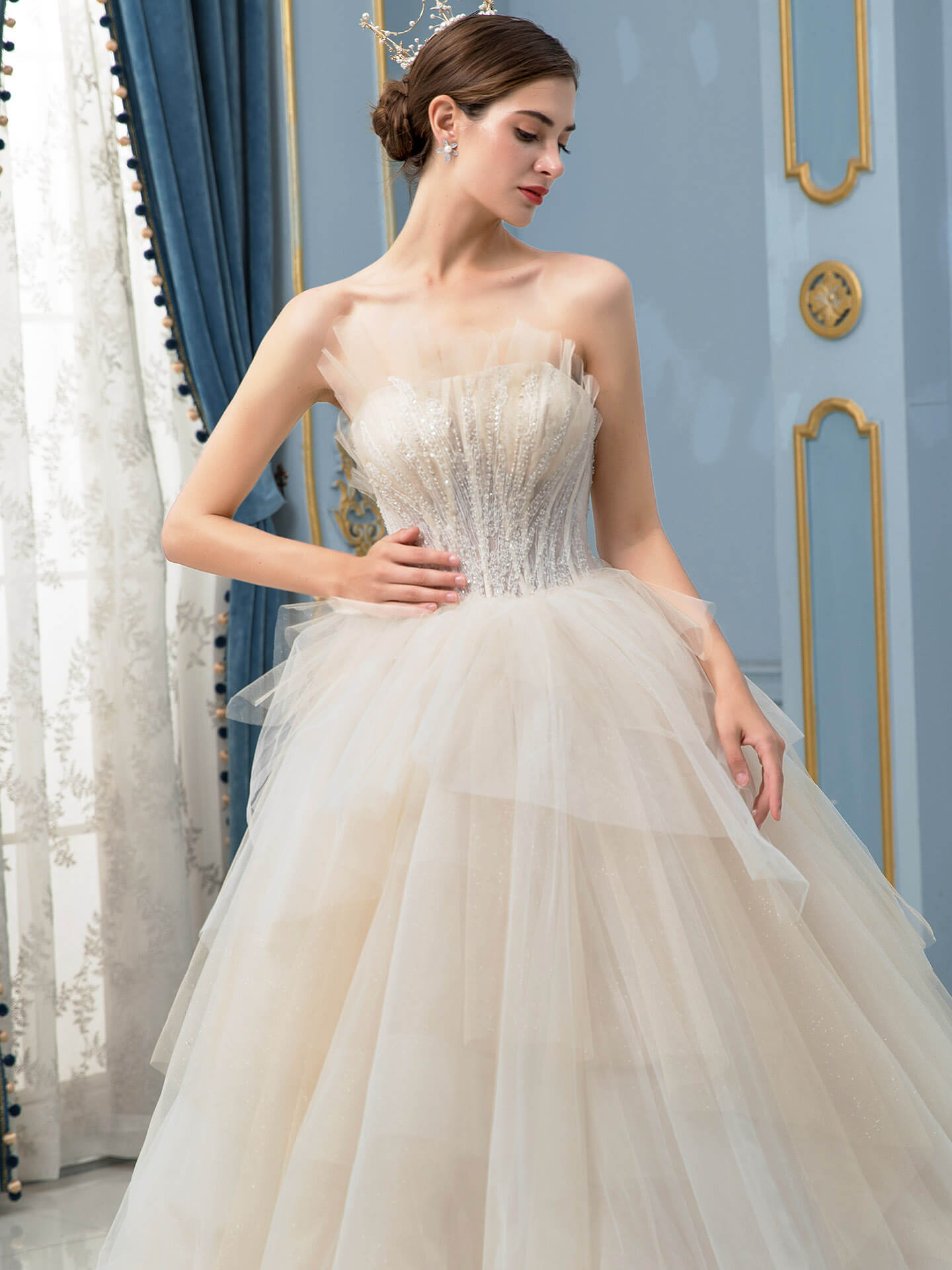 NumberSea - A - line Tulle Beaded Wedding Dresses Sleeveless Floor Length With Train