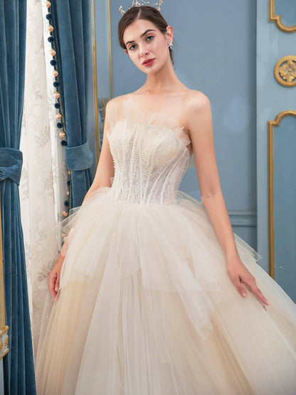 NumberSea - A - line Tulle Beaded Wedding Dresses Sleeveless Floor Length With Train