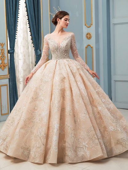 NumberSea - Ball Gown Wedding Dresses Handmade Beaded Luxurious Floor Length Long Sleeve With Long Train