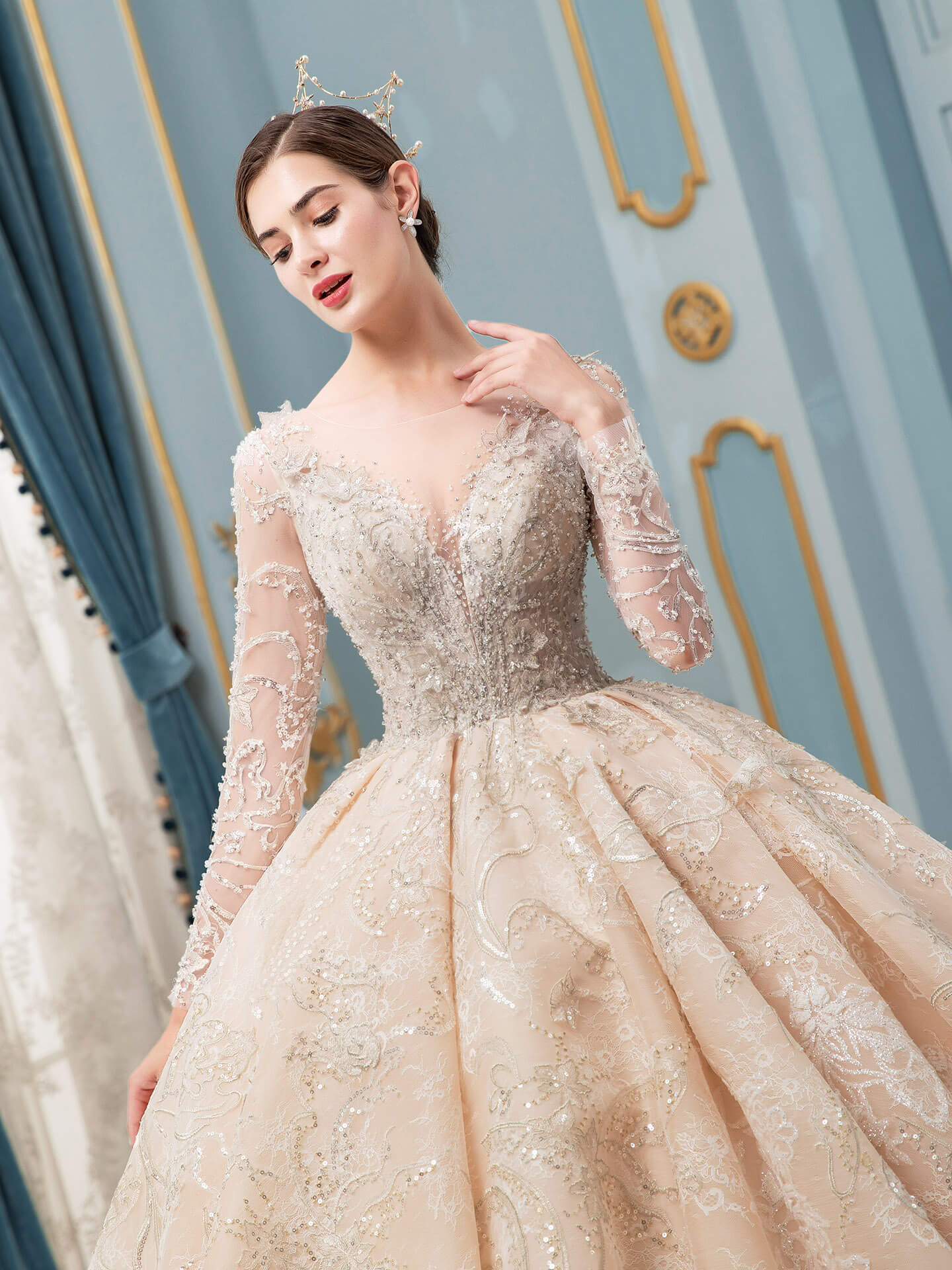 NumberSea - Ball Gown Wedding Dresses Handmade Beaded Luxurious Floor Length Long Sleeve With Long Train