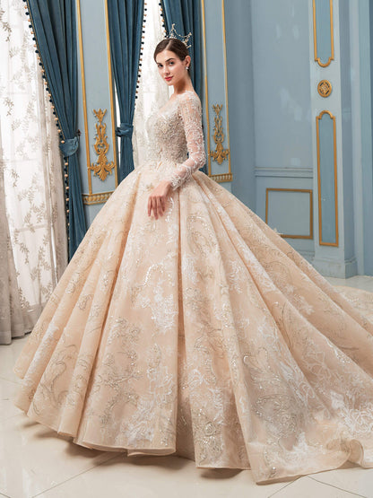 NumberSea - Ball Gown Wedding Dresses Handmade Beaded Luxurious Floor Length Long Sleeve With Long Train