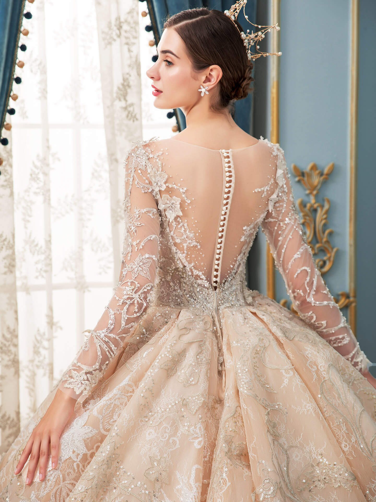 NumberSea - Ball Gown Wedding Dresses Handmade Beaded Luxurious Floor Length Long Sleeve With Long Train