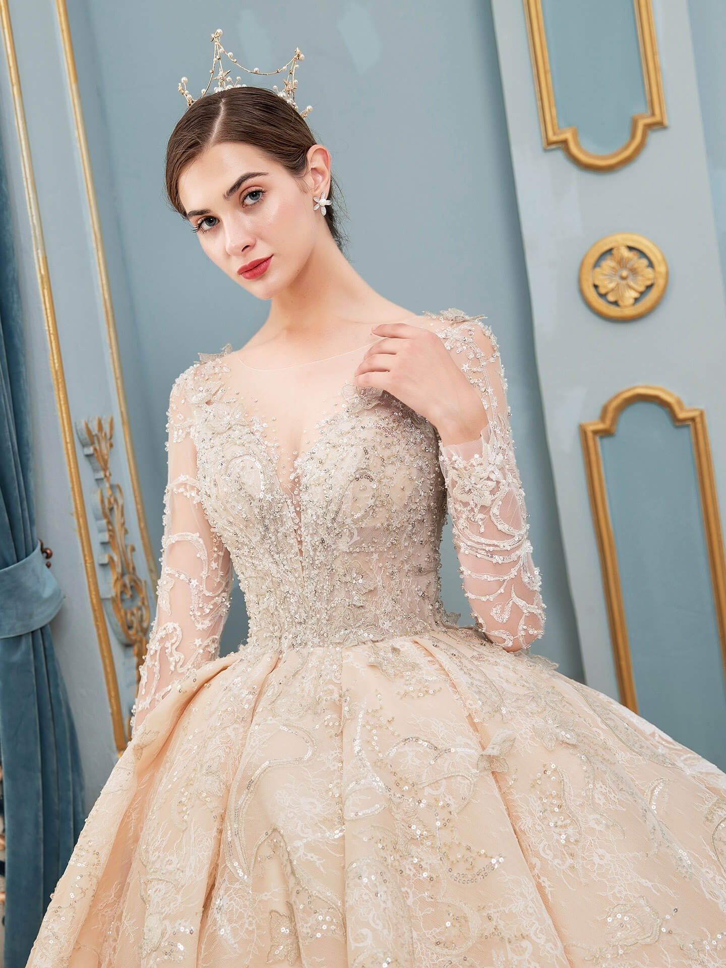 NumberSea - Ball Gown Wedding Dresses Handmade Beaded Luxurious Floor Length Long Sleeve With Long Train