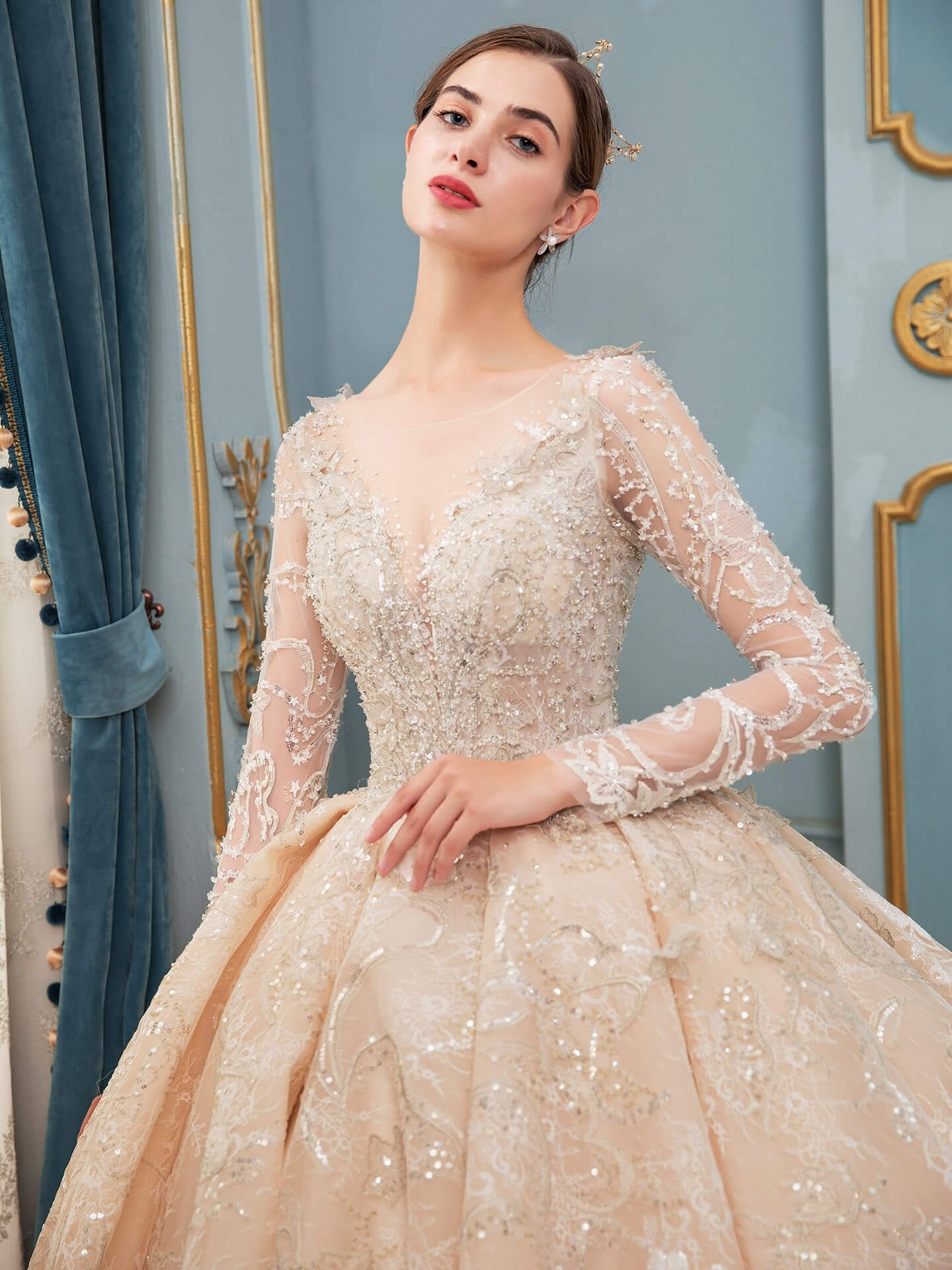 NumberSea - Ball Gown Wedding Dresses Handmade Beaded Luxurious Floor Length Long Sleeve With Long Train