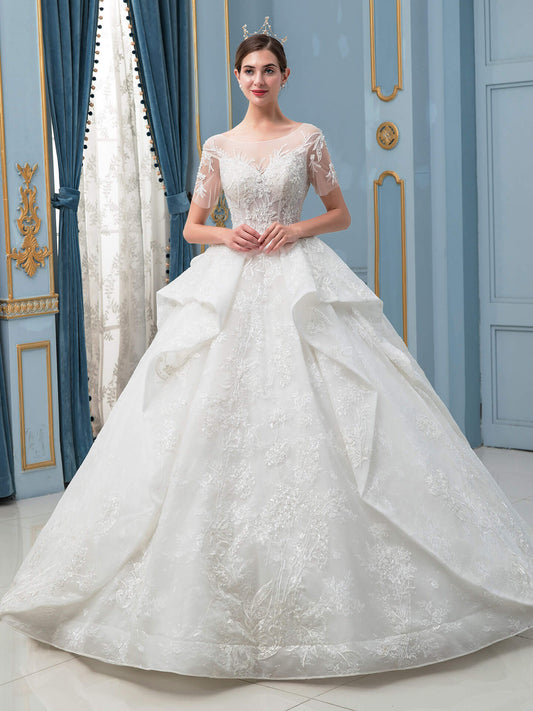 Ball Gown Wedding Dresses Handmade Beaded Luxurious Floor Length Short Sleeve With Long Train