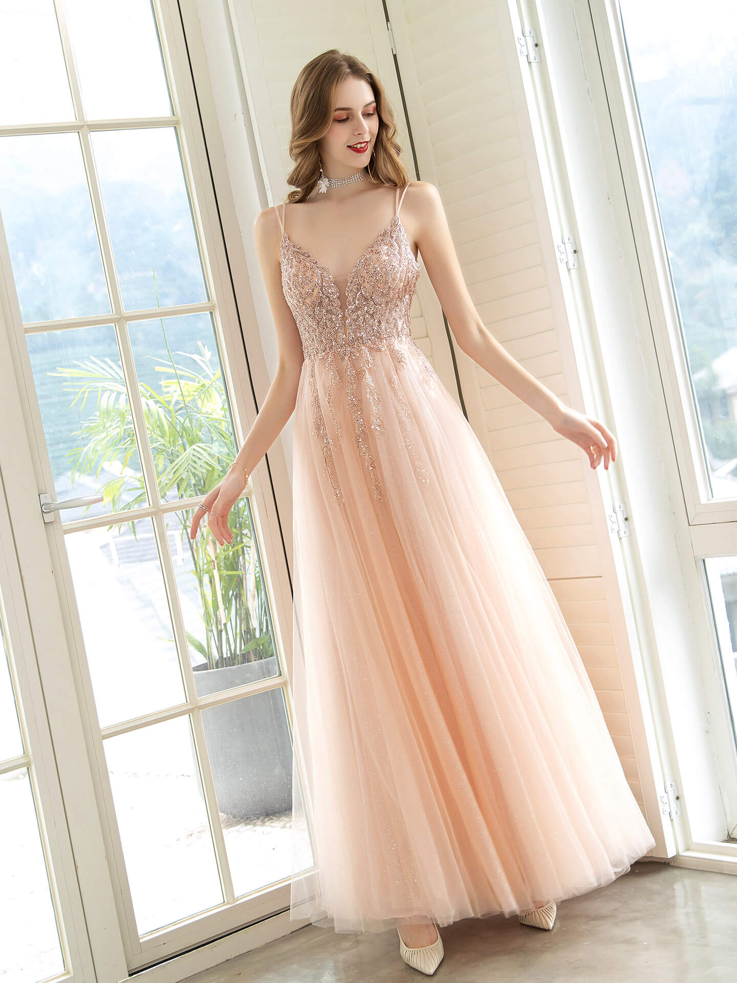 NumberSea - A - Line Glittering Fairy Engagement Prom Dress Spaghetti Strap Sleeveless Floor Length Tulle with Pleats Sequin