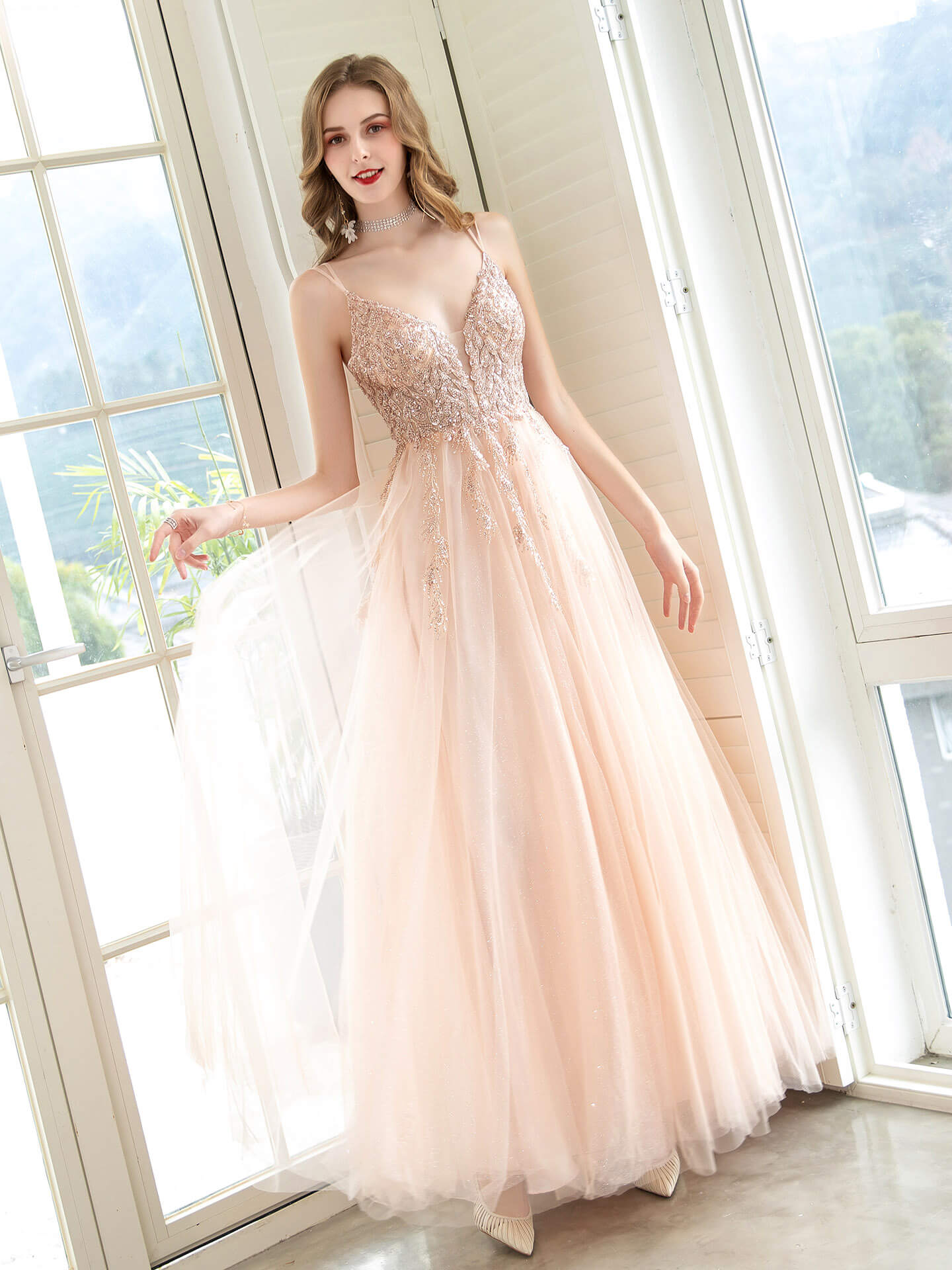 NumberSea - A - Line Glittering Fairy Engagement Prom Dress Spaghetti Strap Sleeveless Floor Length Tulle with Pleats Sequin