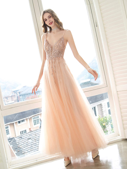 NumberSea - A - Line Glittering Fairy Engagement Prom Dress Spaghetti Strap Sleeveless Floor Length Tulle with Pleats Sequin