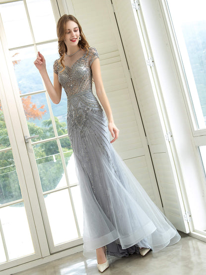 Numbersea Mermaid / Trumpet Luxurious Glittering Fairy Sexy Formal Evening Dresses Short Sleeves