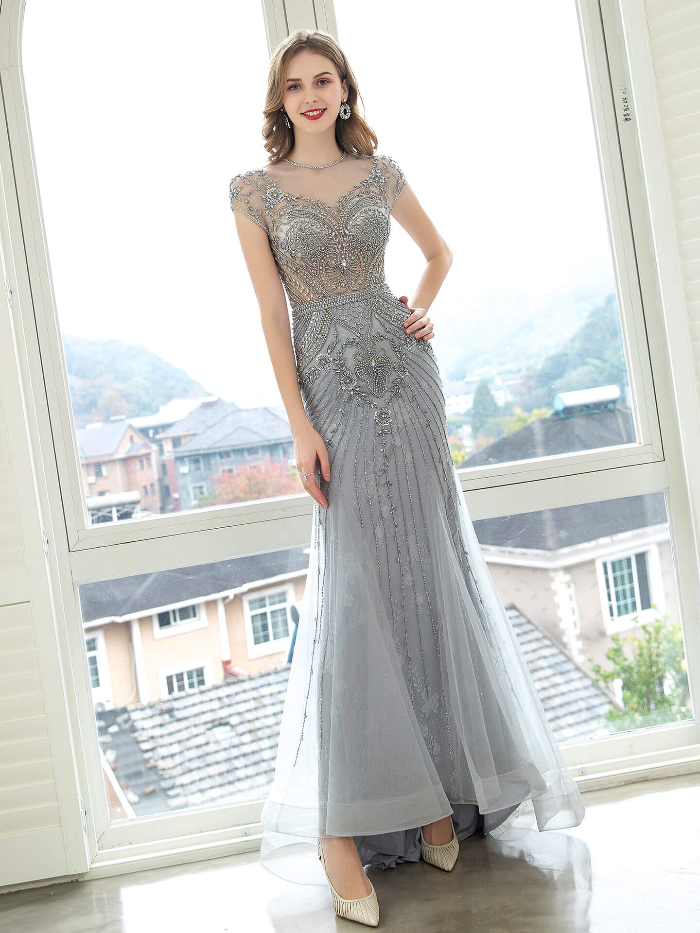 Numbersea Mermaid / Trumpet Luxurious Glittering Fairy Sexy Formal Evening Dresses Short Sleeves