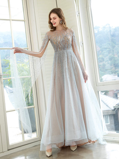 A-Line Luxurious Glittering Fairy Sexy Formal Evening Dresses Long Sleeve Floor Length