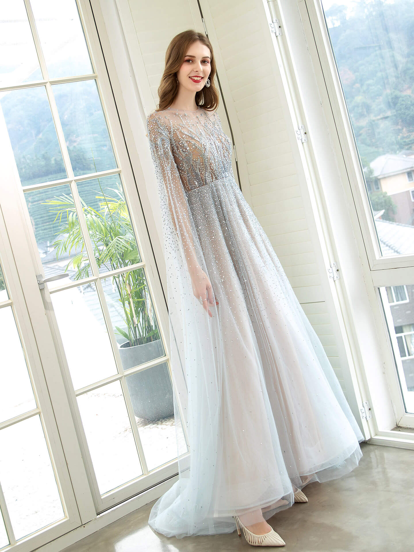 A-Line Luxurious Glittering Fairy Sexy Formal Evening Dresses Long Sleeve Floor Length