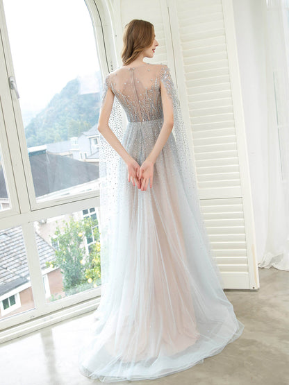 A-Line Luxurious Glittering Fairy Sexy Formal Evening Dresses Long Sleeve Floor Length