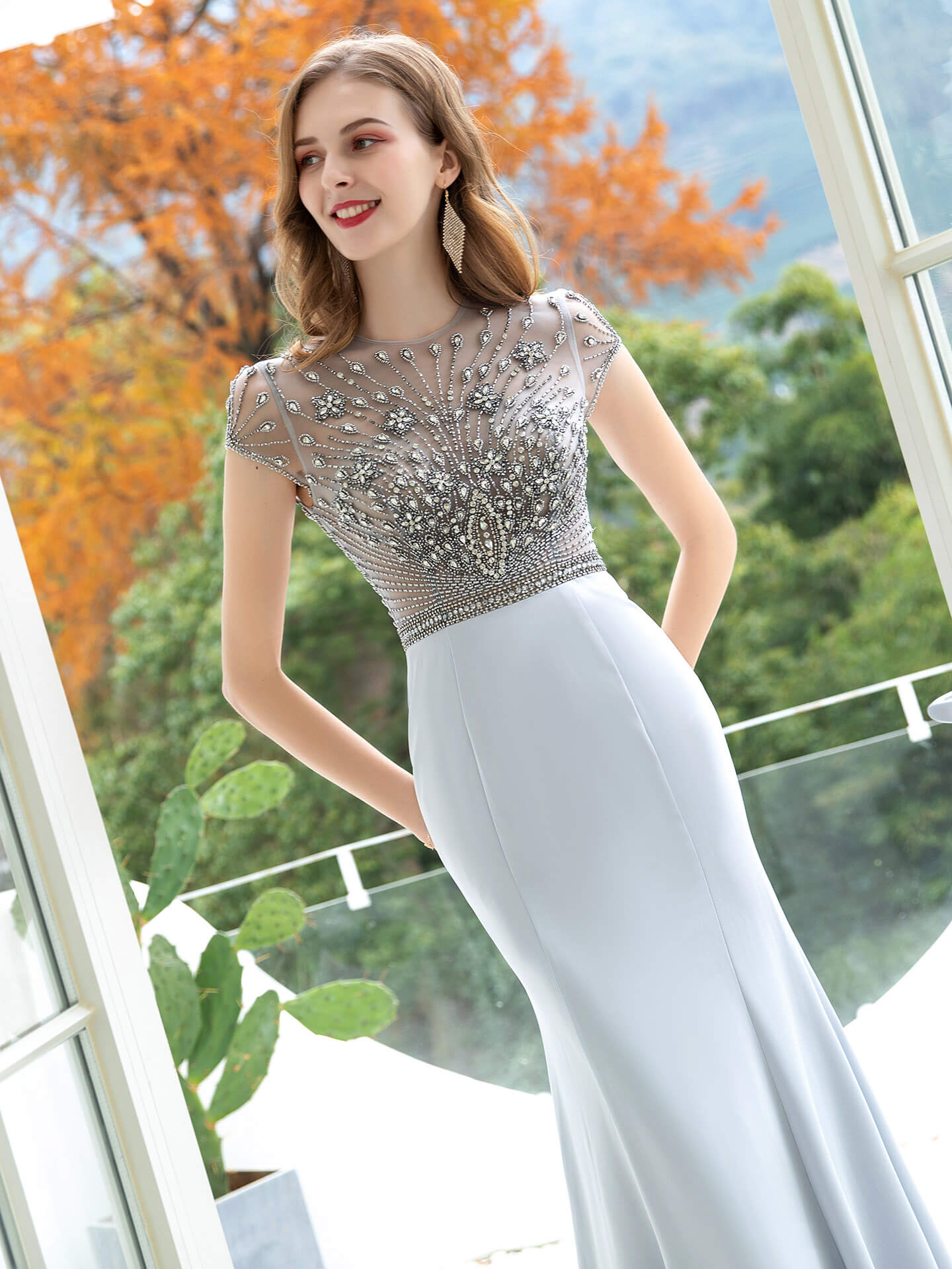 Numbersea Mermaid / Trumpet Max Chiffon Luxurious Sexy Formal Evening Dresses Cap Sleeves Floor Length