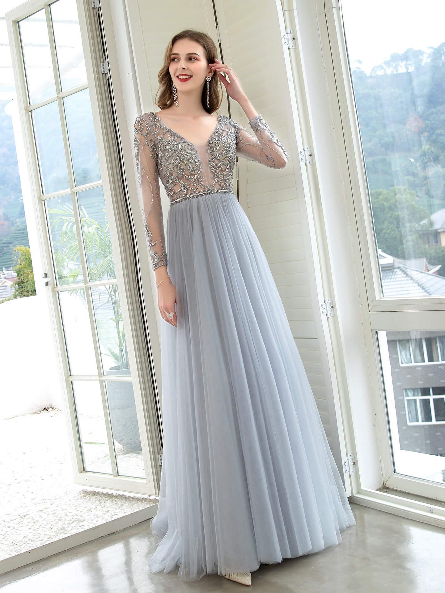 NumberSea A-Line Tulle Beaded Luxurious Sexy Formal Evening Dresses Long Sleeves Floor Length