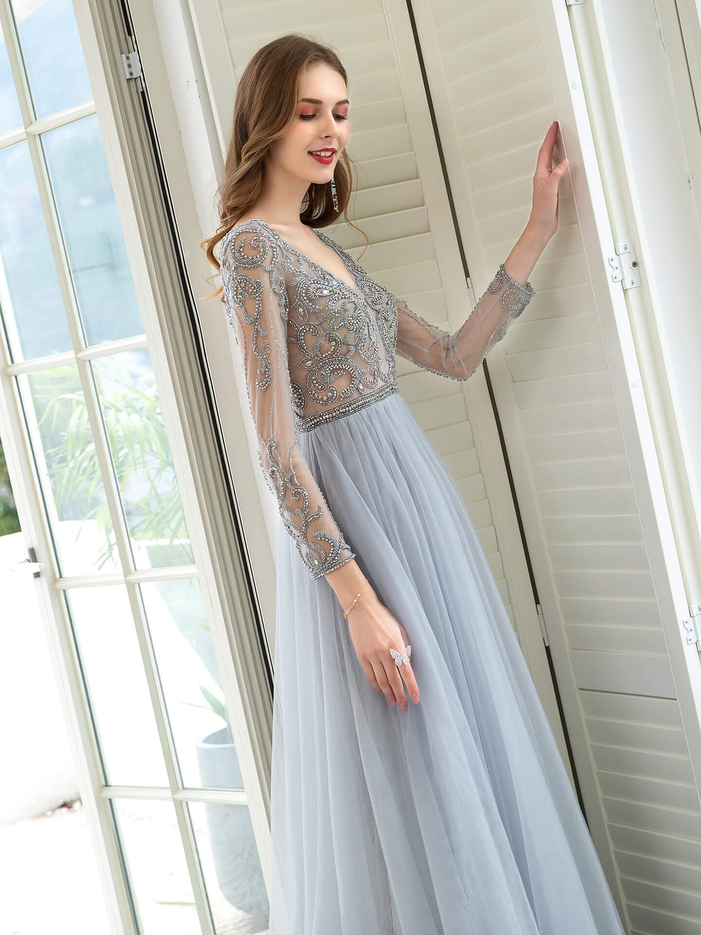 NumberSea A-Line Tulle Beaded Luxurious Sexy Formal Evening Dresses Long Sleeves Floor Length