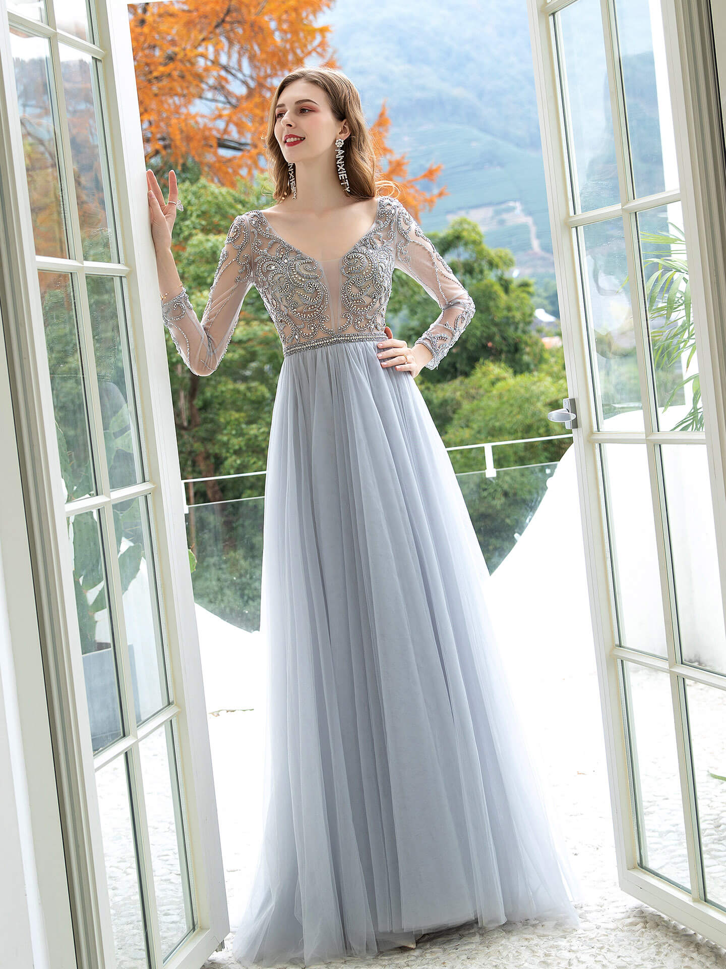 NumberSea A-Line Tulle Beaded Luxurious Sexy Formal Evening Dresses Long Sleeves Floor Length